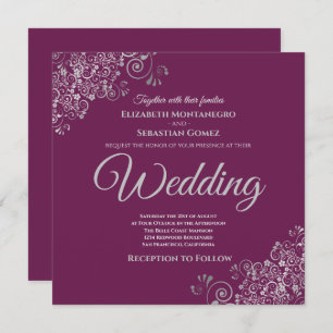 Invitation Frills Argent Elegant Cassis Purple Carré Mariage