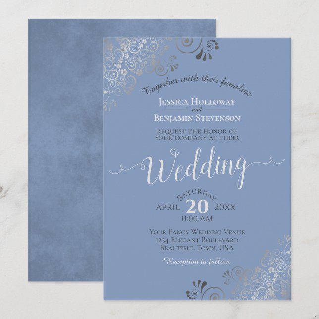 Invitation Frills argent Élégant gris sur Mariage bleu clair (Devant / Derrière)