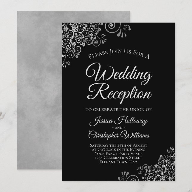 Invitation Frills Argentés sur Réception de Mariage Élégante  (Devant / Derrière)