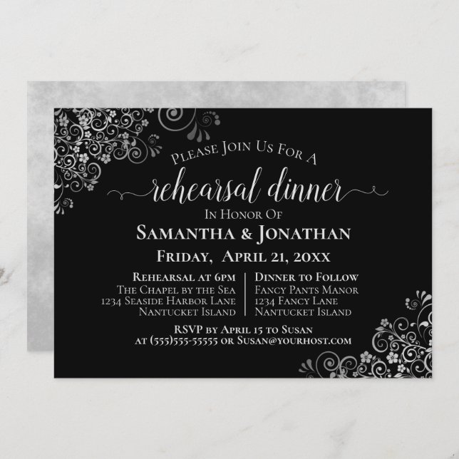 Invitation Frills d'argent Lecture Mariage noir et dîner (Devant / Derrière)