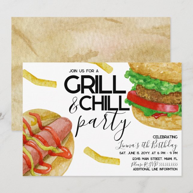 Invitation Frites de burger grillées à l'aquarelle Fête du Ho (Devant / Derrière)