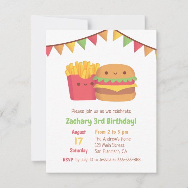 Invitation Frites et Burger de Fast Food Mignons pour une Fêt (Devant)