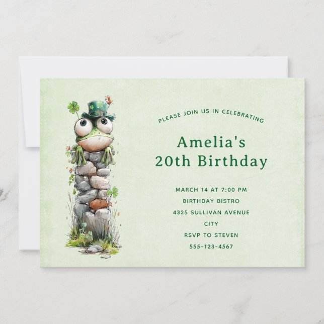 Invitation Frog avec chapeau vert et trèfle Joyeux Anniversai (Devant)