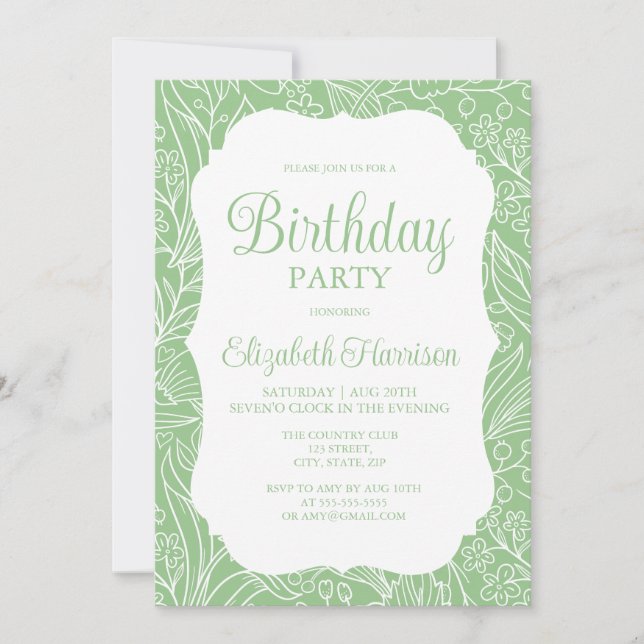 Invitation Frog Green White Flora Femme fête d'anniversaire (Devant)