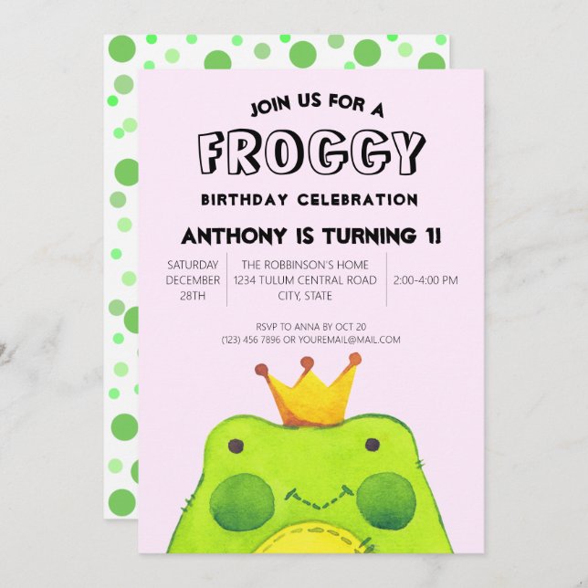 Invitation Froggy garçon d'anniversaire prince Premier parti  (Devant / Derrière)