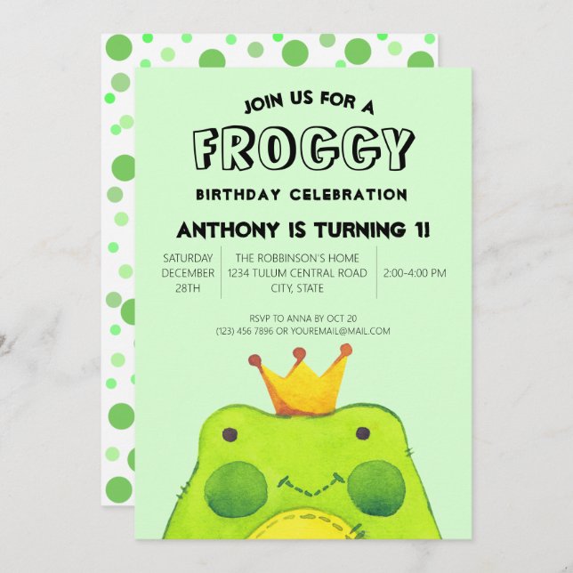 Invitation Froggy garçon d'anniversaire prince Premier parti  (Devant / Derrière)