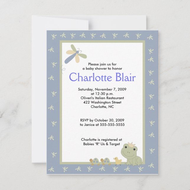Invitation Froggy Tales Baby shower frontalier bleu Invitatio (Devant)