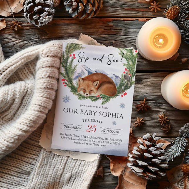 Invitation Froid À L'Extérieur Du Bois Renard Hiver Sip Et Vo (Cold Outside Woodland Fox Winter Sip And See Invitation)