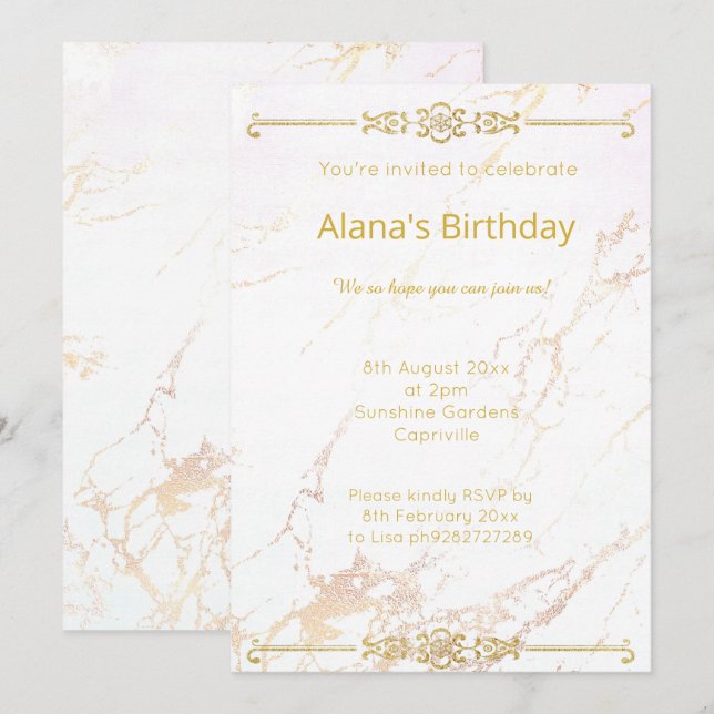 INVITATION FRONTIÈRE ÉLÉGANTE MODERNE EN MARBRE BLANC OR (Devant / Derrière)