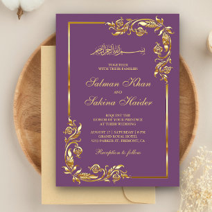 Invitation Frontière Florale violet et or Mariage islamique