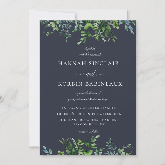 Invitation Frontière Forêt Rustique Mariage bleu Marine (Devant)