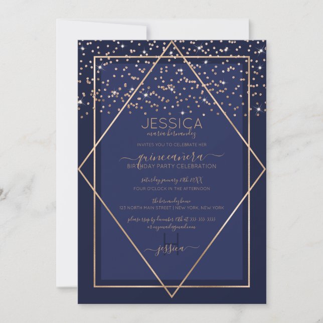 Invitation Frontière Marine Blue Gold Confetti Quinceañera (Devant)