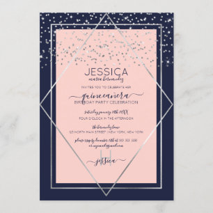Invitation Frontière Marine Pink Silver Confetti Quinceañera