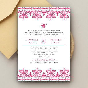 Invitation Frontière rose Damask Anand Karaj Sikh Mariage