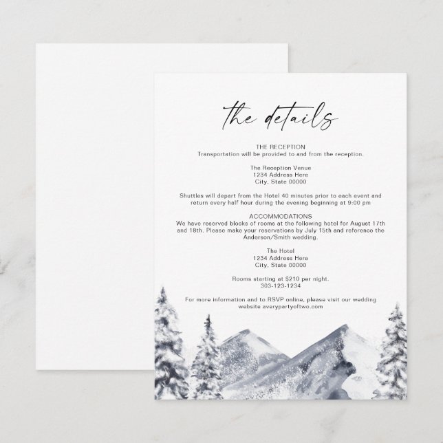 Invitation FROST Mountain Ski Winter Wedding Details Card (Devant / Derrière)