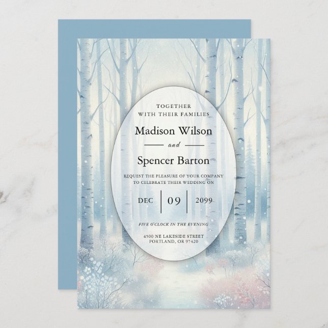 Invitation Frosted Blue Birch Forest Wedding (Devant / Derrière)
