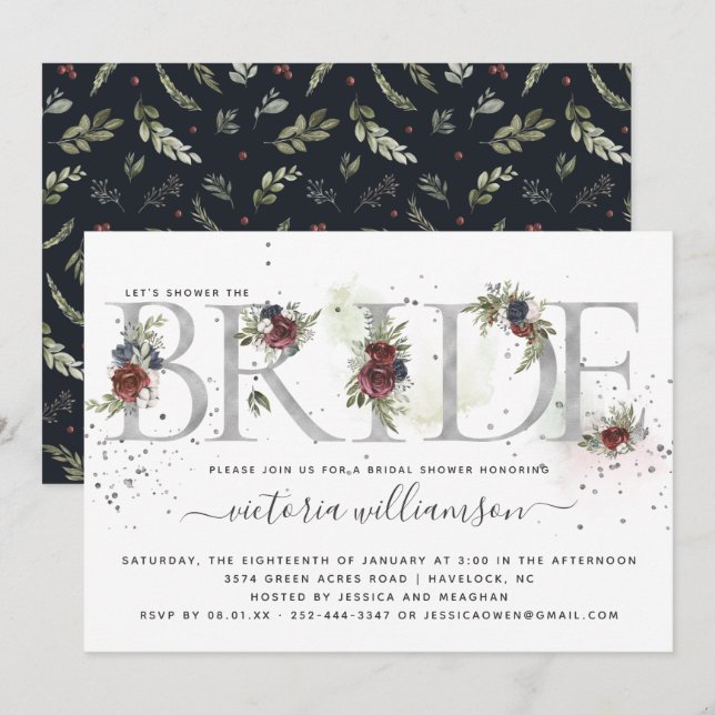 Invitation Frosted Floral Argent Mariage hivernal (Devant / Derrière)