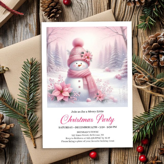 Invitation Frosty Pink Coquette Snowman Digital Christmas  (Frosty Pink Coquette Snowman Digital Christmas Kids Invite)
