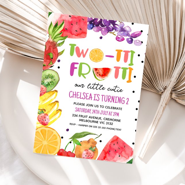 Invitation Fruit coloré moderne Twotii Frutti 2e anniversaire (Girls Twotti Frutti 2nd Birthday Invitation, Twotti Fruity Invite, Fruity Birthday Card Summer )