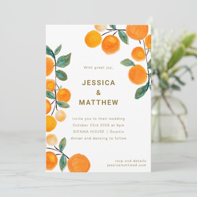 Invitation Fruit d'agrumes orange moderne Mariage simple (Debout devant)