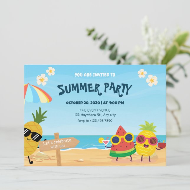 Invitation Fruit de dessin animé de plage estivale enjoué (Debout devant)