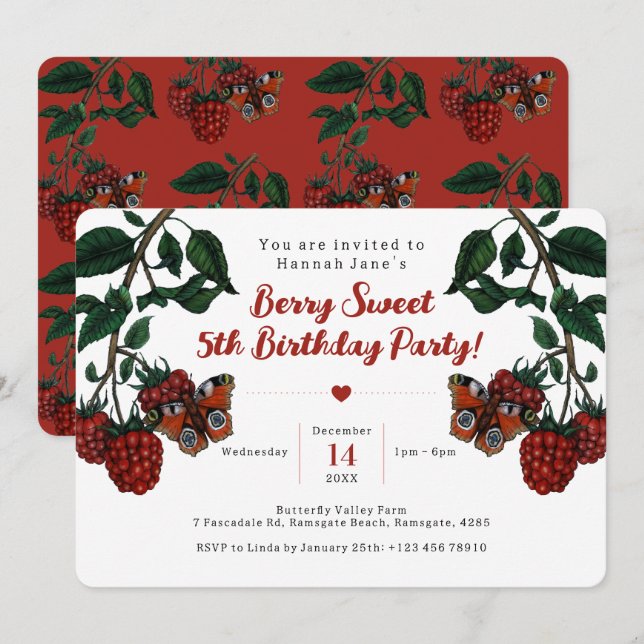 Invitation Fruit de framboise rouge mignonne 5e anniversaire (Devant / Derrière)