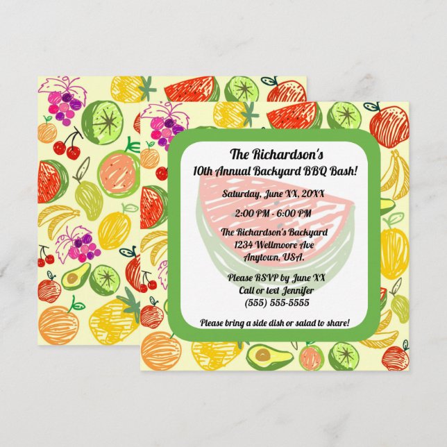 Invitation Fruit Fruit Motif BBQ Party (Devant / Derrière)