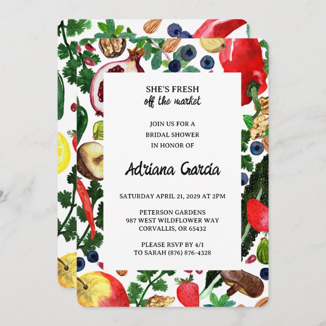 Invitation Fruit Veggie Watercolor FRESH OFF MARKET Bridal  (Devant / Derrière)
