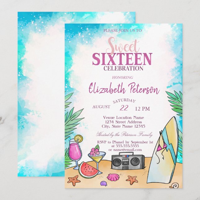 Invitation Fruits de Cocktail de Plage Frais Soirée Douce 16  (Devant / Derrière)