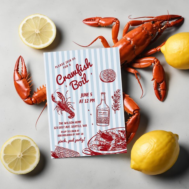 Invitation Fruits de mer d'été tirés à la main Crawfish Boil  (Hand Drawn Summer Seafood Crawfish Boil Party Invitation)