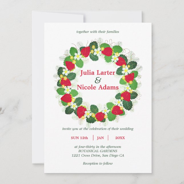 Invitation Fruits Fleurs Feuilles de Fraise Rouge Mariage (Devant)