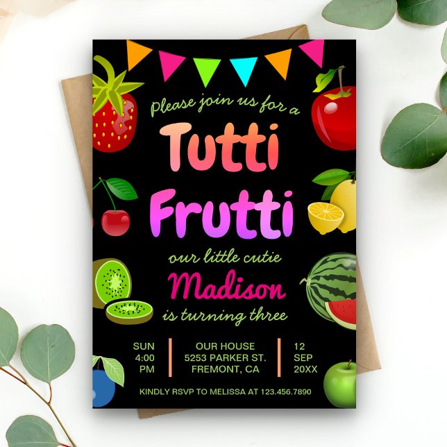 Invitation Fruits Mignons Noirs Tutti Frutti Fête d'anniversa (Créateur téléchargé)