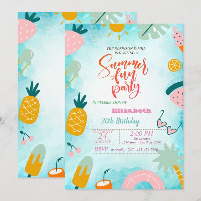 Invitation Fruits, Piscine Feuille de Palmier Fête d'annivers (Devant / Derrière)