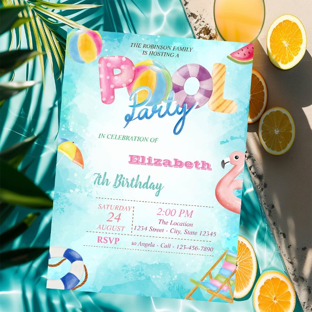 Invitation Fruits, Piscine Feuille de Palmier Fête d'annivers (Créateur téléchargé)