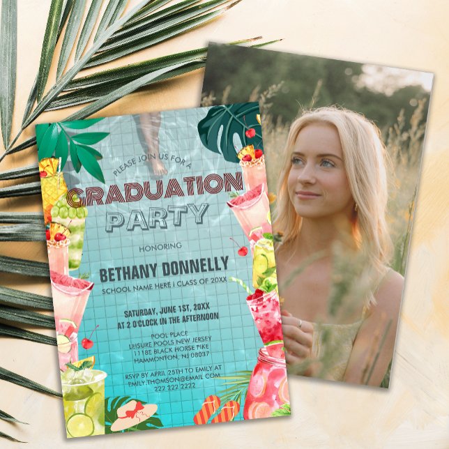 Invitation Fruits tropicaux Boissons de piscine fête de gradu (Tropical Summer Pool High School Graduation Party Invite )