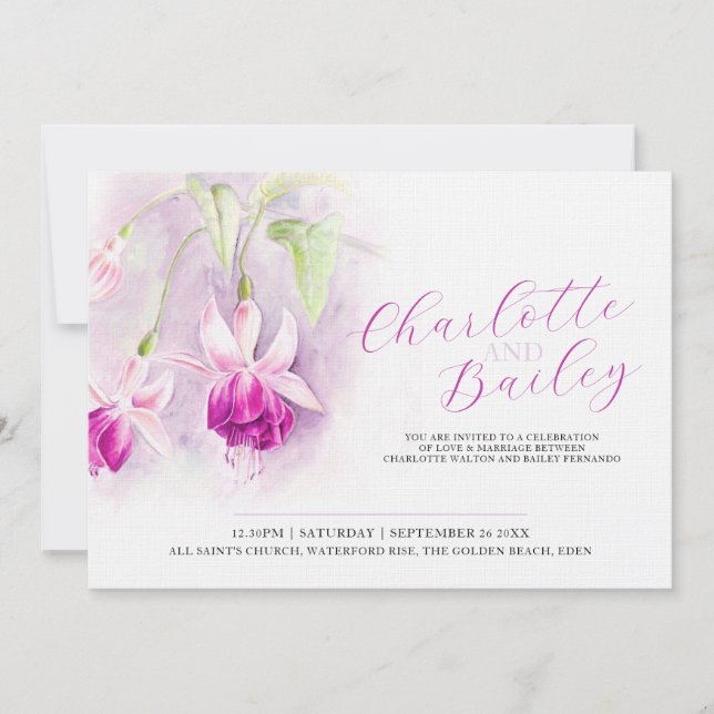 Invitation Fuchsia aquarelle art rose profond paysage mariage (Devant)