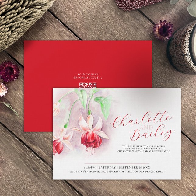 Invitation Fuchsia aquarelle rouge art paysage mariage (Créateur téléchargé)
