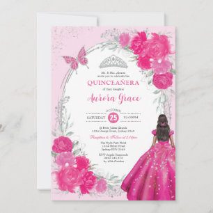 Invitation Fuchsia Argent Quinceañera Fleur 15e Anniversaire