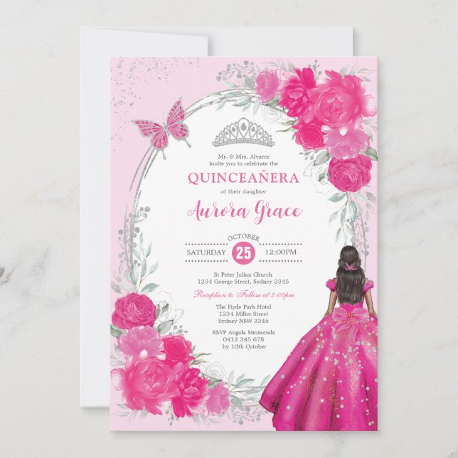 Invitation Fuchsia Argent Quinceañera Fleur 15e Anniversaire (Devant)