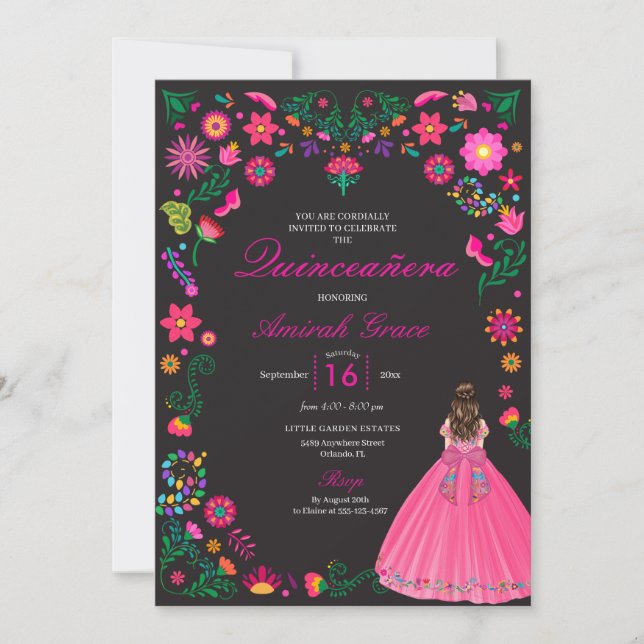 Invitation Fuchsia & Black Broidery Quinceañera (Devant)