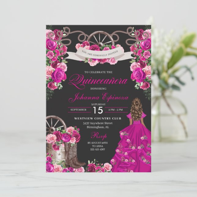 Invitation Fuchsia & Black Cowgirl Western Charro Quinceanera (Debout devant)