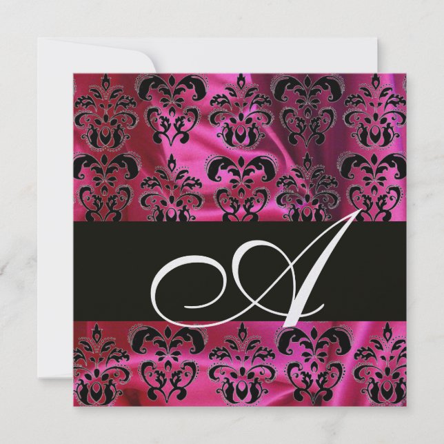 Invitation FUCHSIA BLACK SILK DAMASK MONOGRAM, Glace blanche (Devant)
