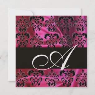 Invitation FUCHSIA BLACK SILK DAMASK MONOGRAM, Glace blanche