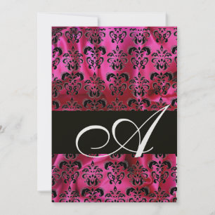 Invitation FUCHSIA BLACK SILK DAMASK MONOGRAM, Glace blanche