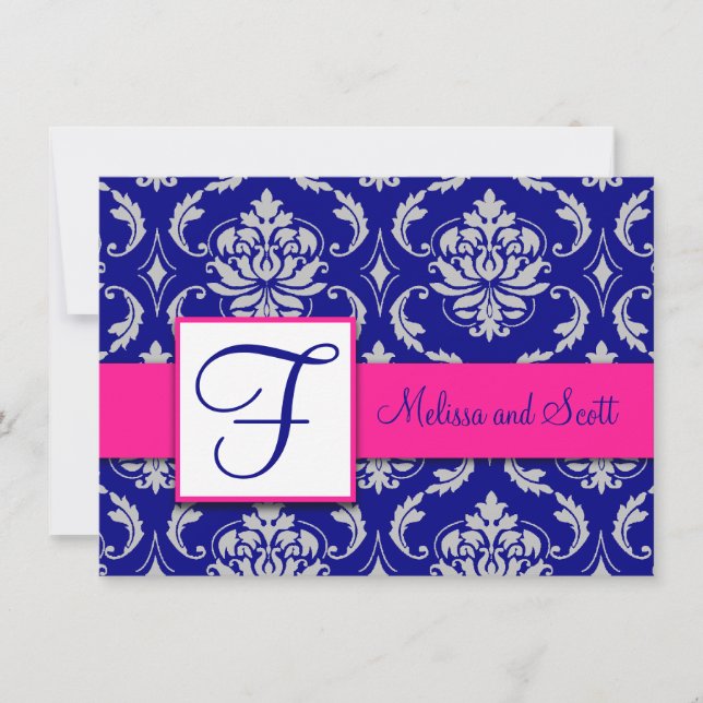 Invitation Fuchsia Bleu Nuit Argent Damassé Enregistrez la Da (Devant)