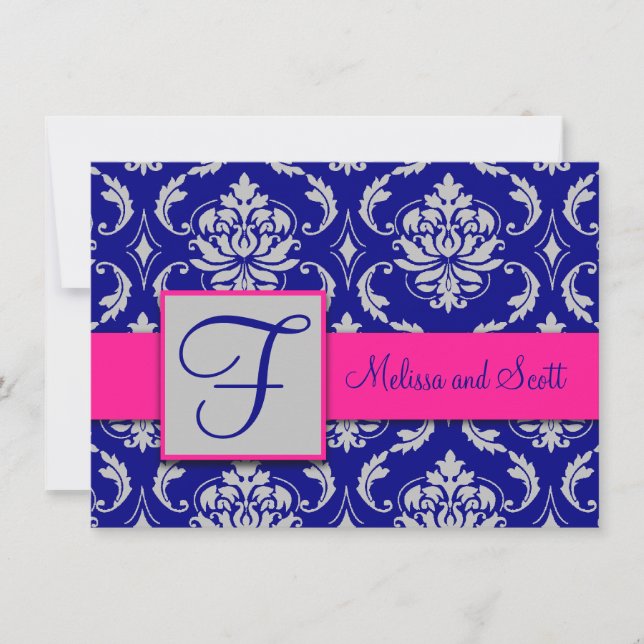 Invitation Fuchsia Bleu Nuit Argent Damassé Enregistrez la Da (Devant)