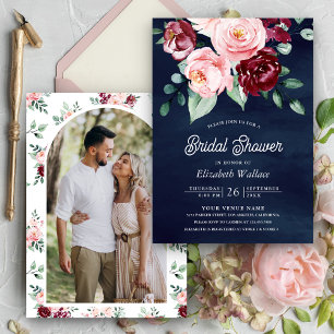 Invitation Fuchsia Bourgogne Fleur Photo Bleu Marine Baby Sho