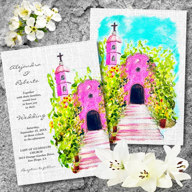 Invitation Fuchsia Chapelle mexicaine avec Mariage Floral Vin (Créateur téléchargé)