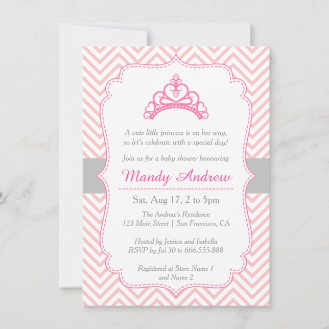 Invitation Fuchsia Chevron, Couronne de Princesse, Baby Showe (Devant)