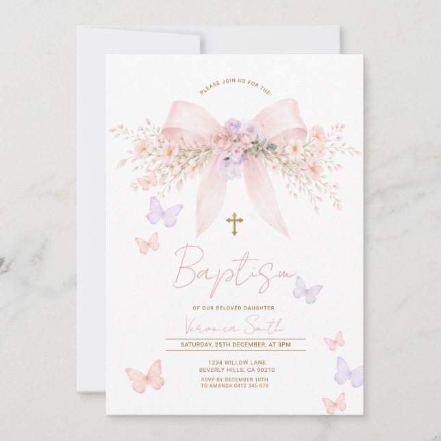 Invitation Fuchsia Coquette Florale Baptême (Devant)